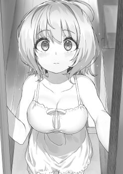 1girl ahoge bare_shoulders blush bob_cut bow breasts cleavage closed_mouth collarbone cowboy_shot dorothy_goat dress embarrassed from_above greyscale hair_between_eyes highres indoors kanzen_muken_no_shinjin_majutsusei large_breasts lips looking_at_viewer monochrome nauribon non-web_source novel_illustration official_art open_door short_hair sleeveless sleeveless_dress solo spaghetti_strap standing tareme wavy_mouth