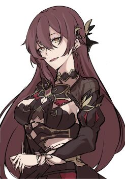 1girl black_dress breasts clothing_cutout commentary_request dress earrings eden_(honkai_impact) gonnbe_fofo highres honkai_(series) honkai_impact_3rd jewelry large_breasts long_hair looking_at_viewer parted_lips side_cutout simple_background solo very_long_hair white_background yellow_eyes