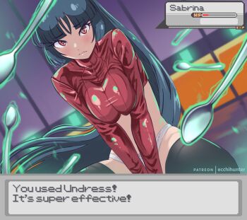 1girl absurdres black_hair black_pantyhose blush breasts dialogue_box hanta_(hantachi) health_bar highres large_breasts long_hair long_sleeves looking_at_viewer midriff nintendo panties pantyhose patreon_username pokemon red_eyes red_shirt sabrina_(pokemon) shirt solo spoon telekinesis underwear very_long_hair wavy_mouth white_panties