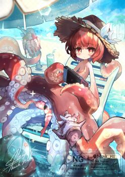 Rule 34 | 1girl, artist name, ball, beach, beach umbrella, beachball, blush, bow, chair, cocktail, commentary request, commission, completely nude, controller, crazy straw, cup, drink, drinking straw, fish, fish (food), game console, game controller, handheld game console, hat, hat ribbon, highres, holding, holding handheld game console, holding seashell, ikura (food), joy-con, lens flare, lounge chair, lying, medium hair, minksama, nintendo switch, nude, on back, original, playing games, playing video games, red eyes, red hair, ribbon, sand, shrimp, skeb commission, solo, sparkle, star (symbol), straw hat, suction tentacles, sun hat, table, tentacles, tentacles as hands, twitter username, umbrella, water, watermark, white bow, white ribbon