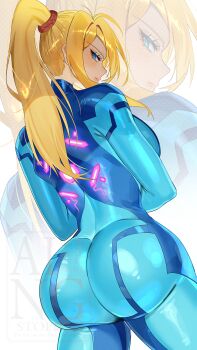 Rule 34 | 1girl, ass, ass focus, back, blonde hair, blue bodysuit, blue eyes, bodysuit, breasts, curvy, highres, huge ass, large breasts, long hair, looking back, metroid, nintendo, ponytail, samus aran, simple background, skin tight, solo, standing, tight clothes, watermark, yasaikakiage, zero suit, zoom layer