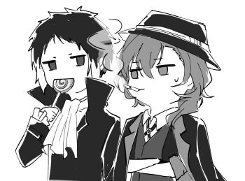 2boys akutagawa_ryuunosuke_(bungou_stray_dogs) ascot bolo_tie bungou_stray_dogs candy cigarette coat coat_on_shoulders collared_shirt commentary_request crossed_arms deformed eating fedora food greyscale hat hiba_riko high_collar lollipop long_sleeves looking_at_another male_focus monochrome mouth_hold multiple_boys nakahara_chuuya_(bungou_stray_dogs) shirt short_hair simple_background smoke smoking swirl_lollipop white_background