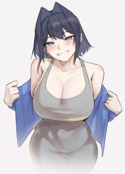 1girl alternate_costume blue_eyes blue_hair blush breasts cleavage closed_mouth commentary dress english_commentary highres hololive hololive_english looking_at_viewer medium_hair nurizza_ilst ouro_kronii sleeveless sleeveless_dress smile solo virtual_youtuber white_dress