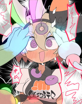 1girl @_@ bea_(pokemon) beheeyem black_background black_hairband blonde_hair blush bow_hairband breasts coin collared_shirt commentary_request food gardevoir gen_3_pokemon gen_5_pokemon gen_6_pokemon gen_8_pokemon glowing hair_between_eyes hairband hatterene highres holed_coin hypnosis kurachi_mizuki malamar mind_control mochi nintendo open_mouth pendulum pokemon pokemon_(creature) pokemon_swsh shirt short_hair short_sleeves string sweat tied_shirt