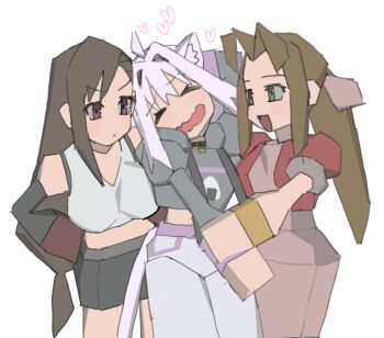 3girls absurdres aerith_gainsborough ahoge animal_ears breasts cat_ears cat_girl closed_eyes commentary_request crossover faux_3d final_fantasy final_fantasy_vii highres hololive imamura_ryou large_breasts low_poly multiple_girls nekomata_okayu open_mouth purple_hair tifa_lockhart virtual_youtuber yuri