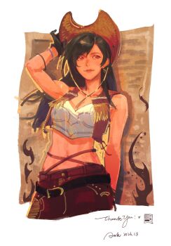 1girl anmoko0520 bare_shoulders belt black_gloves black_hair border bracelet breasts brown_hat brown_skirt brown_vest closed_mouth commentary_request cowboy_hat crisis_core:_final_fantasy_vii crop_top earrings final_fantasy final_fantasy_vii gloves hand_on_headwear hand_up hat highres jewelry long_hair medium_breasts midriff miniskirt navel official_alternate_costume open_clothes open_vest outside_border red_eyes skirt solo swept_bangs tifa_lockhart tifa_lockhart_(cowgirl) upper_body vest white_border