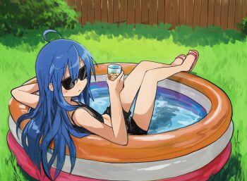 ahoge black_shorts black_tank_top blue_hair bush drinking fence grass highres inflatable_pool izumi_konata looking_at_viewer looking_back lucky_star outdoors pool sandals shorts sunglasses sunlight tagme tank_top wooden_fence