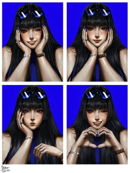 1girl absurdres alternate_costume black_hair blue-tinted_eyewear blue_eyes blue_hair blue_nails blush bracelet breasts closed_mouth commentary east_asian eyewear_on_head hair_intakes heart heart_hands highres hololive hololive_english jewelry large_breasts lips long_hair looking_at_viewer multicolored_hair nose one_eye_closed open_mouth ouro_kronii photorealistic realistic realistic_teeth red_lips signature simple_background sleeveless sleeveless_sweater smile solo steb sunglasses sweater teeth tinted_eyewear upper_body virtual_youtuber
