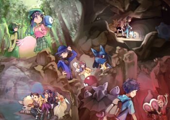 2others 3boys 4girls :d arcanine arm_up backpack bag belt black_belt black_dress black_hair black_shirt black_shoes blue_hat blue_jacket boots braid bronzor brown_bag buck_(pokemon) cave_interior chansey cheryl_(pokemon) claydol closed_eyes collared_shirt commentary_request dawn_(pokemon) day dress forest furry gen_1_pokemon gen_2_pokemon gen_3_pokemon gen_4_pokemon gliscor golbat green_hair green_hat green_jacket green_skirt hair_between_eyes hair_ornament hair_over_shoulder hairclip hat holding_strap huan_li jacket kadabra long_hair long_sleeves lucario lucas_(pokemon) magcargo marley_(pokemon) mira_(pokemon) multiple_boys multiple_girls multiple_others nature nintendo open_mouth outdoors pachirisu pantyhose pink_hair pink_sweater piplup plaid_clothes plaid_skirt poke_ball poke_ball_(basic) pokemon pokemon_(creature) pokemon_bdsp ponytail red_hair riley_(pokemon) rotom rotom_(normal) shirt shoes short_dress short_hair shorts single_braid sitting skirt smile spiked_hair standing sweater togetic tree twintails