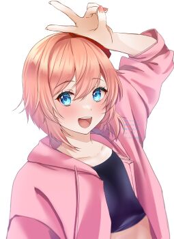 1girl absurdres alternate_costume aqua_eyes arm_up blue_pupils blush bow collarbone commentary_request doki_doki_literature_club eyelashes fingernails hair_bow highres hood hooded_jacket jacket long_sleeves mi_tarou0412 nail_polish open_clothes open_jacket open_mouth pink_hair pink_jacket pink_nails red_bow sayori_(doki_doki_literature_club) short_hair simple_background smile solo teeth upper_body upper_teeth_only v white_background