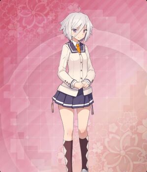1girl ahoge blazer blue_sailor_collar blue_skirt brown_socks clenched_hands closed_mouth feet_out_of_frame floral_background game_cg grey_hair hair_between_eyes highres itomi_sayaka jacket kneehighs layered_sleeves long_sleeves looking_at_viewer necktie official_art own_hands_together pink_background purple_eyes renpu_girls_school_uniform resized sailor_collar school_uniform shirt short_hair skirt smile socks solo tassel third-party_source toji_no_miko toji_no_miko:_kizamishi_issen_no_tomoshibi upscaled variant_set white_hair white_jacket white_shirt yellow_necktie