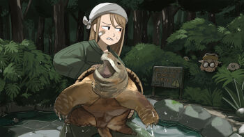 2girls absurdres bandaid bandaid_on_face binoculars bird brown_hair bush commentary crocodile_keeper_(diva) diva_(hyxpk) donut_stamp duck english_commentary green_jacket grey_hair hat highres holding holding_binoculars jacket long_hair multiple_girls penguin_hat penguin_keeper_(diva) pond seal_puppet sharp_teeth short_hair sign snapping_turtle teeth tree turtle zoo zookeeper zookeepers_(diva)