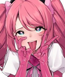 1girl ahegao blue_eyes blush bow bowtie brooch double_v drill_hair elbow_gloves gloves hair_between_eyes hanabishi_haruka heart heart-shaped_pupils heart_brooch highres hypnosis jewelry long_hair looking_at_viewer magia_magenta magical_girl mahou_shoujo_ni_akogarete mind_control nouka open_mouth pink_bow pink_bowtie pink_gloves pink_hair ringed_eyes shirt smile solo symbol-shaped_pupils tongue tongue_out twin_drills upper_body v white_shirt