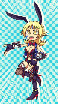 1girl :d animal_ears black_boots black_gloves blonde_hair boots bow bowtie breasts checkered_background cleavage detached_collar emphasis_lines facial_mark female_focus fingerless_gloves fishnet_thighhighs fishnets flipped_hair forehead_jewel full_body gloves high_heel_boots high_heels highres large_breasts leg_up long_hair open_mouth project_x_zone project_x_zone_2 rabbit_ears red_bow red_bowtie round_teeth setz sheath_(pxz) silhouette smile solo standing standing_on_one_leg teeth thighhighs thighs yellow_eyes