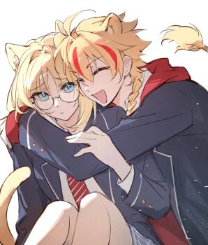 Rule 34 | 1boy, 1girl, ahoge, animal ears, blonde hair, blue eyes, blush, braid, braided ponytail, cat ears, cat girl, cat tail, chinese commentary, closed eyes, commentary request, fate/strange fake, fate (series), glasses, hetero, highres, hood, hood down, hug, jacket, kemonomimi mode, knees up, lion boy, lion ears, lion tail, medium hair, multicolored hair, open mouth, red streaks, richard i (fate), sajou ayaka (fate/strange fake), shirt, side braid, simple background, single braid, sitting, smile, tail, wa tian (jtym4), white background