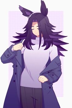 1girl absurdres animal_ears black_hair black_pants blue_coat closed_eyes closed_mouth coat commentary_request facing_viewer fenomeno_(umamusume) flipped_hair highres horse_ears horse_girl long_hair long_sleeves multicolored_hair open_clothes open_coat pants purple_hair purple_sweater solo sweater umamusume w3n6e winter_clothes winter_coat