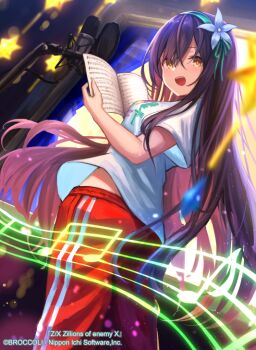 1girl beamed_eighth_notes black_hair book copyright_notice eighth_note flower_hairband from_below green_hairband hairband holding holding_book indoors konome_noi long_hair looking_back microphone musical_note musical_staff official_art open_book open_mouth pants pecteilis recording_studio red_pants shirt short_sleeves solo studio_microphone teeth upper_teeth_only white_shirt yellow_eyes z/x