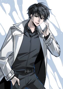 Rule 34 | 1boy, black hair, black shirt, coat, collared shirt, commentary request, grin, hand in pocket, hand up, highres, holding, holding phone, kim dokja, korean commentary, looking at viewer, male focus, mei11193, multiple boys, omniscient reader's viewpoint, open clothes, open coat, phone, popped collar, shirt, short hair, smile, solo, white coat