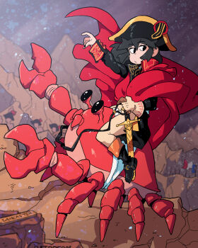 Rule 34 | 1girl, animal, black boots, black coat, black eyes, black hair, black headwear, boots, cape, coat, crab, expressionless, french flag, highres, holding, holding sword, holding weapon, lucia (scott malin), napoleon crossing the alps, original, oversized animal, pointing, red cape, scott malin, shadow, solo, sword, weapon, wide shot