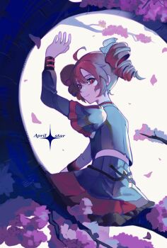 ahoge april_star_(synthesizer_v) arm_up black_skirt bow cherry_blossoms closed_mouth drill_hair from_behind full_moon grey_jacket grey_skirt hair_between_eyes hair_bow hair_ribbon highres ianxy2 in_tree jacket kasane_teto kasane_teto_(sv) layered_sleeves long_sleeves looking_at_viewer looking_back midriff_peek moon musical_staff musical_staff_print night red_hair red_skirt red_trim ribbon shadow sitting sitting_in_tree skirt skirt_set smile striped_sleeves synthesizer_v tree twin_drills utau white_bow white_ribbon