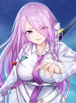 1girl belt bow braid breasts collared_shirt commentary corrupted_twitter_file cowboy_shot dress_shirt eyelashes eyes_visible_through_hair fighting_stance fingernails frilled_sleeves frills hair_bow hair_over_one_eye hair_ribbon hand_up heaven_burns_red highres kura_satomi large_breasts long_bangs long_hair long_sleeves looking_at_viewer miniskirt necktie pleated_skirt purple_eyes purple_hair purple_necktie ribbon ribbon_braid rrtp shirt single_braid skirt solo straight_hair v-shaped_eyebrows very_long_hair white_belt white_bow white_ribbon white_shirt white_skirt