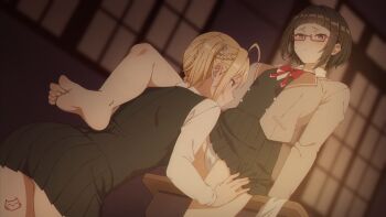 2girls ahoge arm_support barefoot blazer blonde_hair blunt_bangs blurry bow bowtie braid brown_eyes brown_jacket cameltoe clothes_lift collared_shirt depth_of_field earrings glasses hair_ornament hairclip indoors jacket jewelry keihh leaning_back leg_on_another&#039;s_shoulder long_sleeves miyamae_nonoa multiple_girls panties pleated_skirt red-framed_eyewear school_uniform seiren_academy_school_uniform shirt short_hair side_ponytail sidelocks sitting skirt skirt_lift smile soles star_(symbol) star_hair_ornament taniyama_sayaka toes tokidoki_bosotto_roshia-go_de_dereru_tonari_no_alya-san underwear white_shirt yuri
