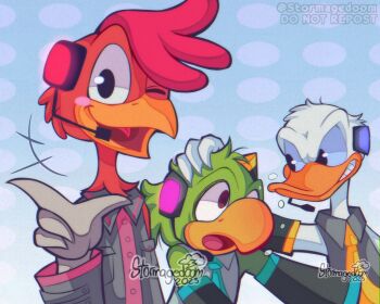 3boys akita_neru akita_neru_(cosplay) cosplay crossdressing crossdressing_(mtf) detached_sleeves disney donald_duck duck_boy hatsune_miku hatsune_miku_(cosplay) highres jose_carioca kasane_teto kasane_teto_(utau) mickey_mouse_&amp;_friends multiple_boys necktie panchito_pistoles parody shirt smile smiley_hair_ornament stormagedoom the_three_caballeros triple_baka_(vocaloid) vocaloid yellow_necktie