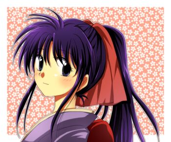 Rule 34 | 1girl, blue eyes, blush, female focus, japanese clothes, kamiya kaoru, kimono, long hair, looking back, mappou, pink ribbon, ponytail, purple hair, ribbon, rurouni kenshin, solo