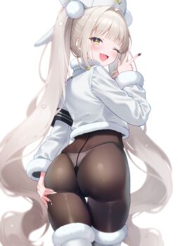 1girl ass black_pantyhose blanc_(fortune_express)_(nikke) blanc_(nikke) boots commentary_request fang from_behind fur-trimmed_boots fur_trim goddess_of_victory:_nikke highres long_hair official_alternate_costume official_alternate_hairstyle open_mouth panties panties_under_pantyhose pantyhose shirasato_(phzm8733) skin_fang smile solo twintails underwear very_long_hair white_boots white_hair white_panties yellow_eyes