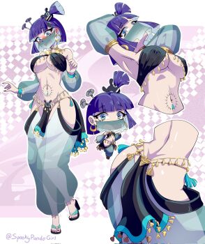 1girl alternate_breast_size_(larger) alternate_costume alternate_hair_length alternate_hairstyle arabian_clothes armpits ass bare_hips bare_shoulders belly_dancing blue_eyes blunt_bangs blunt_ends blush bob_cut breasts chibi chibi_inset closed_mouth commission covered_erect_nipples crop_top cropped_torso dancer detached_sleeves dr.nova(e) earrings embarrassed full_body harem_outfit harem_pants high_heels highres jewelry large_breasts mouth_veil multiple_views nail_polish navel navel_piercing object_through_head one_side_up open_mouth pants pelvic_curtain piercing purple_hair red_nails revealing_clothes roisin sandals screw_in_head see-through_clothes see-through_pants see-through_sleeves see-through_veil short_hair stomach_tattoo tattoo toenail_polish toenails twitter_username underboob v4mirai veil vgen_commission virtual_youtuber waist_cape wavy_mouth