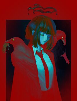 Rule 34 | 1girl, animal, animal on shoulder, bird, bird on shoulder, black jacket, blood, blood drip, blood halo, blunt bangs, captured, chainsaw man, closed eyes, commentary request, crow, dangling, glowing, glowing eyes, halo, highres, jacket, liquid halo, makima (chainsaw man), mouse (animal), necktie, red hair, shirt, the antin, white shirt