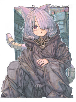 1girl animal_ears asymmetrical_bangs baggy_clothes bandage_on_face bandaged_tail bandages black_hoodie black_pants border building cat_ears cat_girl commentary_request fishnets floral_print gloves hair_over_one_eye highres hood hoodie industrial_pipe looking_at_viewer making-of_available marker_(medium) meiz original outdoors painting_(medium) pants parted_lips pink_hair red_eyes shikishi signature single_glove sitting slit_pupils solo tail traditional_media watercolor_(medium) white_border