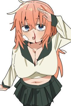 1girl blood blue_eyes breasts cleavage collarbone commentary_request crow_(crow0512_) gauze gauze_on_face hair_between_eyes highres large_breasts long_hair long_sleeves looking_at_viewer michinoku_komaro midriff navel no_dickey nosebleed open_mouth pink_hair pleated_skirt salute school_uniform seitokai_ni_mo_ana_wa_aru! serafuku shirt simple_background skirt solo white_background white_shirt