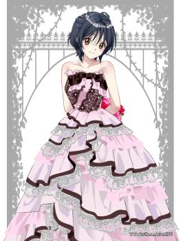 1girl 22/7 ahoge arms_behind_back artist_name black_hair brown_eyes collarbone dress feet_out_of_frame flower frilled_dress frills head_tilt highres holding holding_flower long_dress looking_at_viewer nanairo_(nanairo227) red_flower short_hair smile standing straight-on strapless strapless_dress takigawa_miu