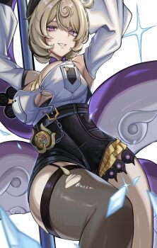 1girl absurdres accessories armpits arms_up asymmetrical_shorts black_hat blonde_hair breasts broken_glass cleavage commentary_request detached_sleeves garter_straps glass glass_shard hair_between_eyes hat high-waist_shorts highres large_breasts looking_at_viewer mole mole_under_mouth monster_girl purple_eyes ringed_eyes rxo2xs scylla shirt short_hair shorts single_garter_strap single_thighhigh solo sparkle sticker tentacle_girl tentacle_tail tentacles thighhighs tight_clothes tight_shirt torn_clothes torn_thighhighs white_background white_shirt white_sleeves yidhari_murphy zenless_zone_zero