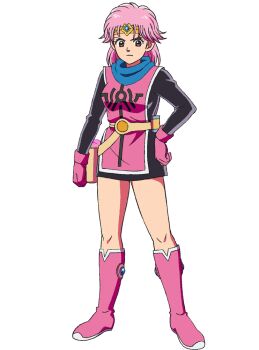 1girl anime_coloring belt black_dress blue_sash boots breasts brown_eyes circlet closed_mouth dragon_quest dragon_quest_dai_no_daibouken dress full_body gloves gun holding holding_gun holding_weapon holster jewelry large_breasts long_sleeves looking_at_viewer maam medium_hair miyamoto_emiko official_art pink_boots pink_gloves pink_hair pink_tabard sash short_dress simple_background solo standing tabard tachi-e tented_shirt transparent_background v-shaped_eyebrows variant_set weapon yellow_belt