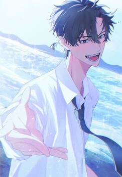 Rule 34 | 1boy, :d, beach, beckoning, black eyes, black hair, black necktie, blue sky, cheng xiaoshi, collared shirt, day, fangs, hair between eyes, hashtag-only commentary, highres, long sleeves, looking at viewer, male focus, necktie, ocean, open mouth, outdoors, outstretched hand, ponytail, reaching, reaching towards viewer, school uniform, shiguang dailiren, shirt, short hair, short ponytail, sky, smile, solo, sparkle, ss13057, teeth, upper body, water, white shirt