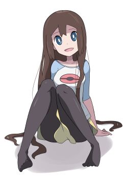 1girl absurdres alternate_hairstyle araki_megami black_pantyhose brown_hair highres nintendo pantyhose pokemon pokemon_bw2 rosa_(pokemon) shorts simple_background white_background yellow_shorts