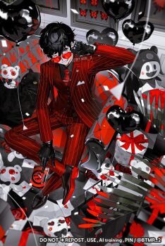 1boy amamiya_ren animal balloon black_eyes black_gloves black_hair black_panther black_shirt box btmr_game bug butterfly calling_card collared_shirt couch envelope gift gift_box gloves grin heart_balloon highres holding indoors insect jack_frost_(megami_tensei) jacket limited_palette lipstick_mark long_sleeves looking_at_viewer male_focus necktie one_eye_closed panther pants persona persona_5 plant red_jacket red_necktie red_pants red_vest shirt shoes sitting smile solo stuffed_animal stuffed_toy teddy_bear twitter_username vest