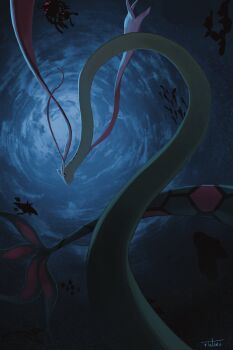 absurdres animal_focus commentary_request feebas fish forked_tail gen_1_pokemon gen_2_pokemon gen_3_pokemon gen_4_pokemon highres horsea mantine mantyke milotic nintendo no_humans pokemon pokemon_(creature) pokemon_focus riotono_0643 scales silhouette snake tail tentacool tentacruel underwater