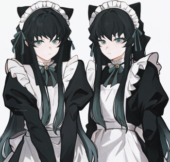 1boy apron aqua_eyes black_hair black_jacket closed_mouth crossdressing crossdressing_(mtf) demon_slayer_uniform high_collar highres jacket juliet_sleeves kimetsu_no_yaiba long_hair long_sidelocks long_sleeves looking_at_viewer maid maid_apron maid_headdress male_focus multiple_views puffy_sleeves sidelocks simple_background solo susimesi_sun tokitou_muichirou trap twitter_username upper_body white_background