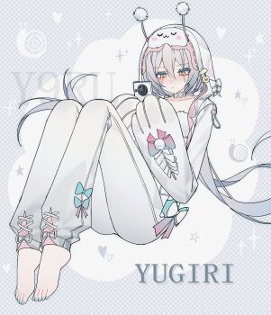 1girl :< absurdres aqua_eyes blue_hair blush bow choker collarbone crying crying_with_eyes_open feet highres holding holding_phone hood knees_up long_hair nail_polish pajamas phone sidelocks sitting sleep_mask snail solo strinova tears yexinhan yugiri_(cloud_whisperer)_(strinova) yugiri_(strinova)