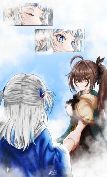 2girls absurdres blue_eyes blue_hair brown_eyes brown_hair capelet closed_mouth gawr_gura gawr_gura_(1st_costume) grey_hair grin hair_ornament hairclip highres holding_another&#039;s_wrist hololive hololive_english long_hair multicolored_hair multiple_girls nanashi_mumei nanashi_mumei_(1st_costume) nasterro ponytail shark_hair_ornament smile streaked_hair tears virtual_youtuber