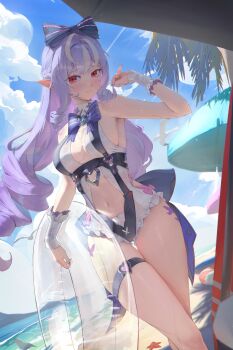 1girl absurdres beach beach_umbrella blue_sky breasts clothing_cutout cloud commentary day drill_hair drill_sidelocks hand_up highres holding holding_swim_ring innertube long_hair looking_at_viewer medium_breasts multicolored_hair navel ocean official_alternate_costume one-piece_swimsuit palm_tree pointy_ears purple_hair purple_nails red_eyes sidelocks sky solo stomach_cutout streaked_hair sweat swim_ring swimsuit thigh_gap thigh_strap transparent_innertube tree umbrella vivian_banshee vivian_banshee_(iris_of_the_shore) white_hair white_one-piece_swimsuit wrist_cuffs yawww_(yawwwart) zenless_zone_zero
