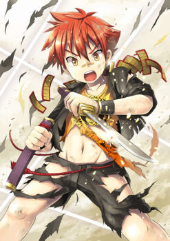 10s 1boy aizen_kunitoshi armor bandaid bandaid_on_face bandaid_on_nose child daikung groin injury japanese_armor male_focus no_panties open_mouth red_hair short_hair short_sword shoulder_armor sode solo sword tantou torn_clothes touken_ranbu unsheathed weapon yellow_eyes