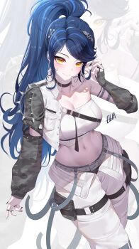 1girl absurdres arm_cutout belt belt_collar black_nails blue_hair blush breasts camouflage_sleeves chain character_name cleavage closed_mouth clothing_cutout collar collarbone commentary_request cropped_jacket detached_sleeves dog_tags earpiece earrings grey_belt hair_ornament half-jacket hand_up high_ponytail highres hoop_earrings jacket jewelry korean_commentary large_breasts lilpa long_hair looking_ahead microphone midriff mole mole_on_breast multicolored_hair multiple_rings nail_polish navel pants ponytail pouch ring sidelocks simple_background single_bare_shoulder single_detached_sleeve sleeves_past_wrists smile solo spikes standing strap streaked_hair swept_bangs thigh_pouch thighs very_long_hair virtual_youtuber waktaverse white_background white_jacket white_pants yellow_eyes yeon_do_e zoom_layer