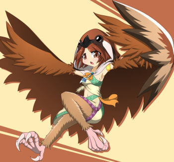 1girl amauchi animal_hood armpits bird_legs brown_cloak brown_eyes brown_feathers brown_hair chirp_(mon-musu_quest!) cloak commentary_request feathered_wings feathers harpy highres hood light_blush midriff mon-musu_quest! mon-musu_quest:_paradox monster_girl navel open_mouth short_hair skirt solo talons winged_arms wings yellow_background