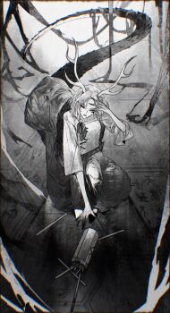 1girl antlers dragon_horns dragon_tail fingernails garnetelegy honeycomb_(pattern) honeycomb_background horns kicchou_yachie kikkoumon long_fingernails monochrome omikuji red_eyes sharp_fingernails shirt shoes short_hair skirt three-quarter_sleeves solo tail touhou turtle_shell