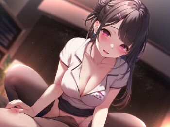 1boy 1girl black_hair black_skirt black_thighhighs blush breasts bulge ceiling cleavage collarbone commentary_request curtains erection grinding grinding_over_clothes hair_bun hair_ornament hairclip indoors long_hair looking_at_viewer massage medium_breasts nipple_stimulation nipple_tweak nipples no_panties open_mouth original pov purple_eyes shirt sidelocks skirt smile squatting squatting_cowgirl_position straddling teasing thighhighs toyosaki_shu white_shirt