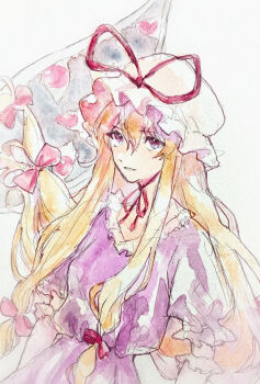 Rule 34 | 1girl, absurdres, blonde hair, bow, breasts, commentary request, dress, extra eyes, frilled sleeves, frills, gap (touhou), hair bow, hat, highres, long hair, looking at viewer, mob cap, navybluesparrow, neck ribbon, painting (medium), parted lips, purple dress, purple eyes, red bow, red ribbon, ribbon, small breasts, solo, touhou, traditional media, upper body, watercolor (medium), white background, yakumo yukari